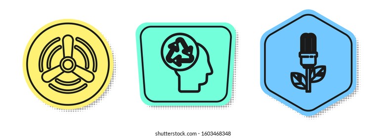 Set line Wind turbine, Human head with recycle and Light bulb with leaf. Colored shapes. Vector