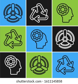 Set line Wind turbine, Human head with gear inside and Recycle symbol icon. Vector