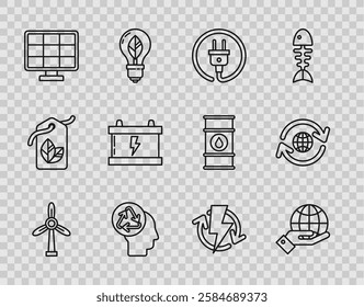 Set line Wind turbine, Human hands holding Earth globe, Electric plug, head with recycle, Solar energy panel, Car battery, Recharging and Planet earth recycling icon. Vector