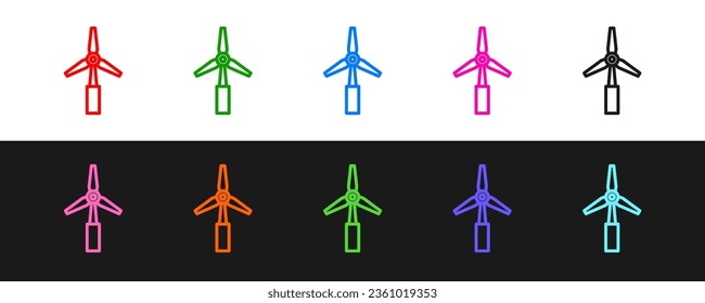 Set line Wind turbine icon isolated on black and white background. Wind generator sign. Windmill for electric power production.  Vector