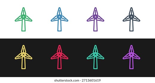 Linie Windturbinensymbol einzeln auf schwarz-weißem Hintergrund. Windgeneratorzeichen. Windmühle für die Stromerzeugung.  Vektorgrafik