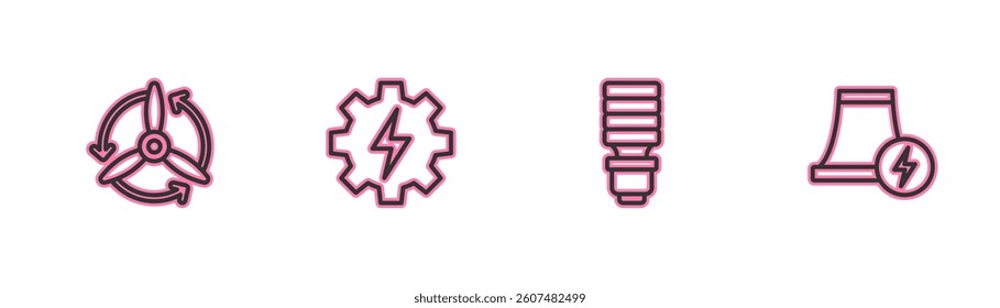 Set line Wind turbine, LED light bulb, Gear and lightning and Nuclear power plant icon. Vector
