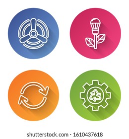 Set line Wind turbine, Light bulb with leaf, Refresh and Recycle symbol and gear. Color circle button. Vector