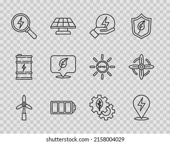 Set line Wind turbine, Lightning bolt, Battery, Location with leaf, Leaf plant gear machine and  icon. Vector