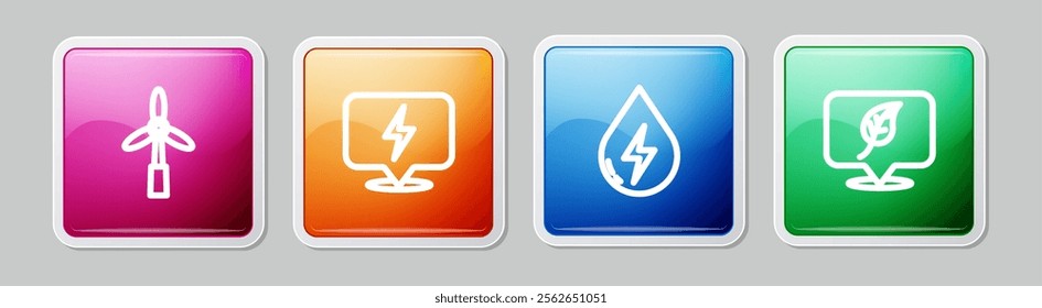 Set line Wind turbine, Lightning bolt, Water energy and Location with leaf. Colorful square button. Vector
