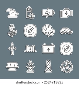 Set line Wind turbine, Location with leaf, Electric car, Battery, plug, saving, Nuclear power plant and Earth globe and icon. Vector