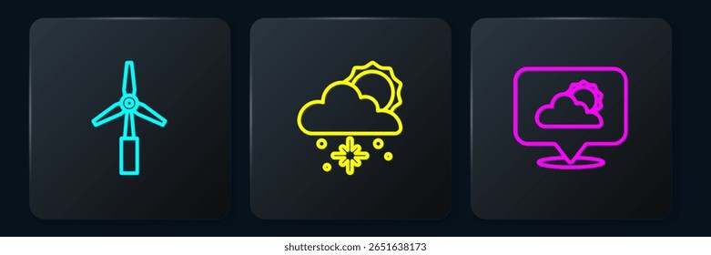 Set line Wind turbine, Location cloud and Cloud with snow and sun. Black square button. Vector