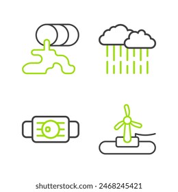 Set line Wind turbine, Medical protective mask, Cloud with rain and Barrel oil leak icon. Vector