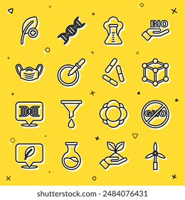 Set line Windturbine, Kein GVO, Molekül, Chemische Explosion, Petrischale mit Pipette, Medizinische Schutzmaske, Blatt oder Blätter und Virus-Symbol. Vektorgrafik