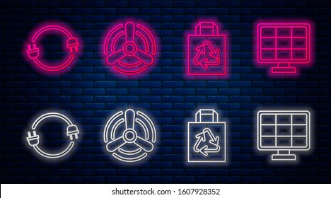 Set line Wind turbine, Paper shopping bag with recycle, Electric plug and Solar energy panel. Glowing neon icon on brick wall. Vector