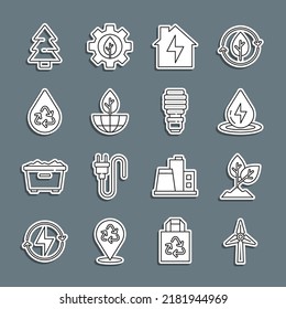 Set line Wind turbine, Plant, Water energy, House and lightning, Earth globe plant, Recycle clean aqua, Christmas tree and LED bulb icon. Vector