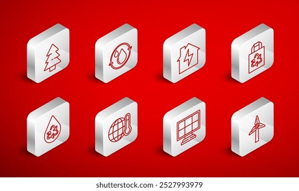 Set line Wind turbine, Recycle clean aqua, House and lightning, Paper bag with recycle, Solar energy panel, Christmas tree, Global warming and  icon. Vector