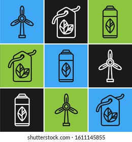 Set line Wind turbine, Recycling plastic bottle and Tag with leaf symbol icon. Vector