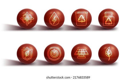Fijar la línea Turbina eólica, Escudo con hoja, Reciclaje de bolsas de papel, Panel de energía solar, Botón de encendido, Agua, Hoja o hojas e icono Reciclar. Vector