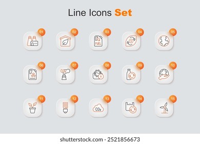 Set line Wind turbine, Shopping bag with recycle, CO2 emissions cloud, LED light bulb, Plant pot, Hand holding Earth globe, Recycling plastic bottle and Water mill icon. Vector