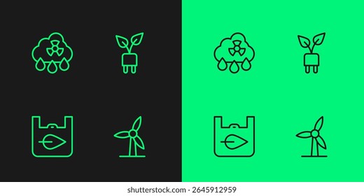 Set line Wind turbine, Shopping bag with recycle, Acid rain radioactive cloud and Electric saving plug leaf icon. Vector