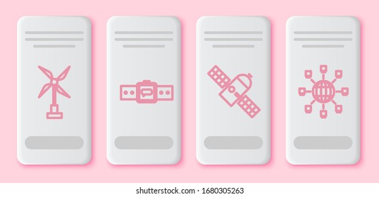Set line Wind turbine, Smartwatch, Satellite and Social network. White rectangle button. Vector