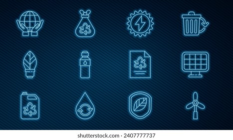 Set line Wind turbine, Solar energy panel, Bottle of water, Light bulb with leaf, Hands holding Earth globe, Paper recycle and Garbage bag icon. Vector