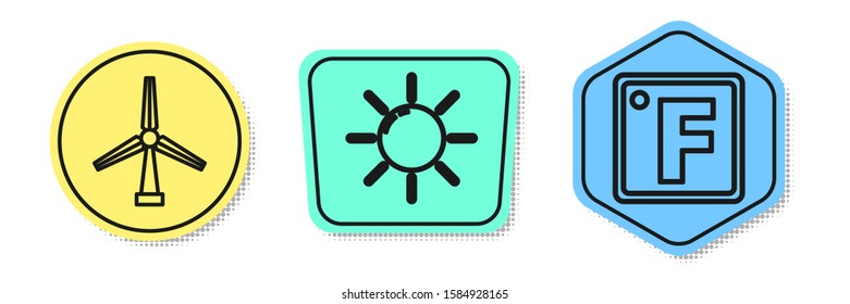 Set line Wind turbine, Sun and Fahrenheit. Colored shapes. Vector