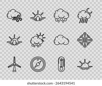 Set line Wind turbine, Sunrise, Cloud with rain, rose, Windy weather, and sun, Thermometer and Snowflake icon. Vector