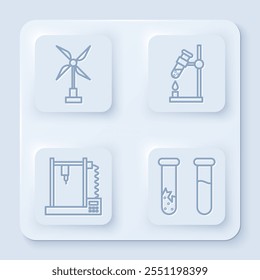 Set-Line Windturbine, Teströhrenkolben in Brand, 3D-Drucker und Teströhre und Kolben. Weißer quadratischer Knopf. Vektorgrafik