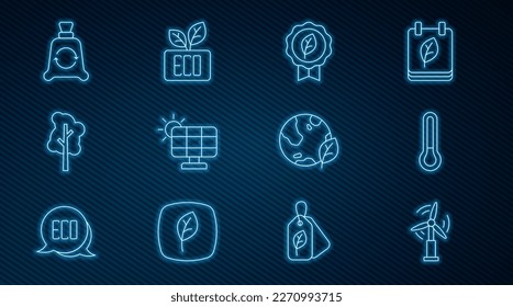 Set line Wind turbine, Thermometer, Leaf Eco symbol, Solar energy panel, Tree, Garbage bag with recycle, Earth globe and leaf and  icon. Vector