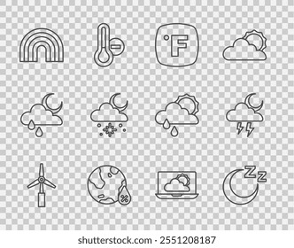 Set line Wind turbine, Time to sleep, Fahrenheit, Water drop percentage, Rainbow, Cloud with snow and sun, Weather forecast and Storm icon. Vector