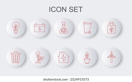 Set line Wind turbine, Trash can, Garbage bag with recycle, Plant pot, Light bulb leaf, Car battery,  and House and lightning icon. Vector