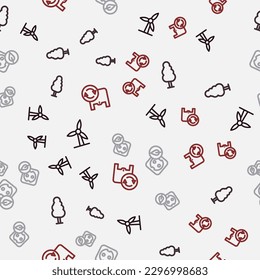 Set line Wind turbine, Tree, Electrical outlet and Shopping bag with recycle on seamless pattern. Vector