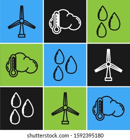 Set line Wind turbine, Water drop and Thermometer and cloud icon. Vector