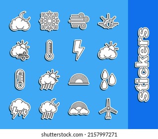 Set line Wind turbine, Water drop, Sun and cloud weather, Thermometer, Windy, Cloud with moon stars and Lightning bolt icon. Vector