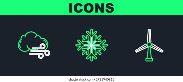 Set line Wind turbine, Windy weather and Snowflake icon. Vector
