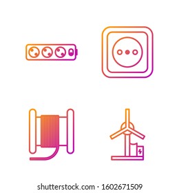Set line Wind turbine, Wire electric cable on a reel or drum, Electric extension cord and Electrical outlet. Gradient color icons. Vector