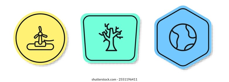 Set line Wind turbine, Withered tree and Earth globe. Colored shapes. Vector