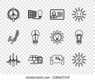 Set line Wind turbines, Solar energy panel, Identification badge, and battery, Rotating wind, Light bulb with, Hydrogen car and  icon. Vector