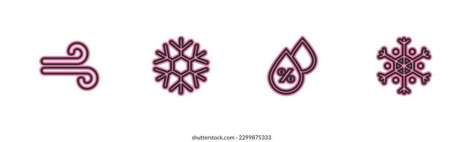 Set line Wind, Water drop percentage, Snowflake and  icon. Vector