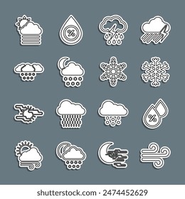 Set line Wind, Water drop percentage, Snowflake, Cloud with rain and lightning, snow moon, Fog cloud sun and  icon. Vector