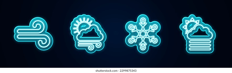 Die Schlange Wind, Wind Wetter, Schneeflocke und Nebel und Wolke mit Sonne. Leuchtendes Neonsymbol. Vektorgrafik
