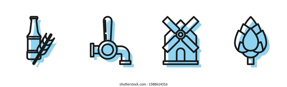 Set line Windmill, Beer bottle, Beer tap and Hop icon. Vector