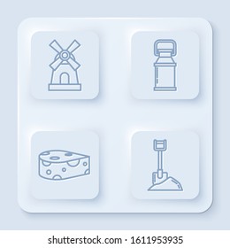 Set line Windmill, Can container for milk, Cheese and Shovel in the ground. White square button. Vector