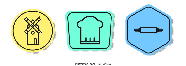 Set line Windmill , Chef hat  and Rolling pin . Colored shapes. Vector