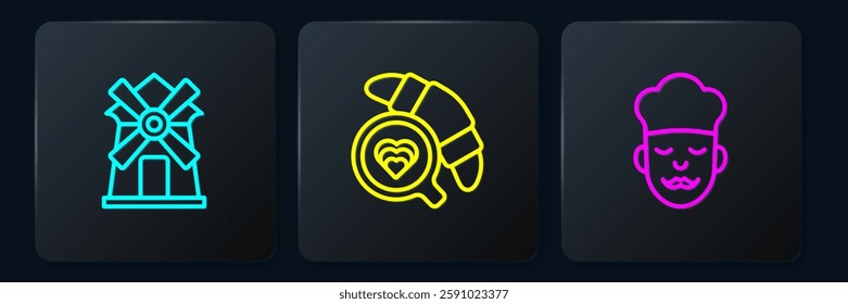 Set line Windmill, Cook and Coffee cup with croissant. Black square button. Vector