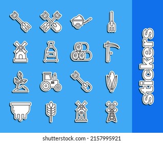 Set line Windmill, Corn, Scythe, Wheelbarrow with dirt, Bag of flour, Garden rake and Roll hay icon. Vector