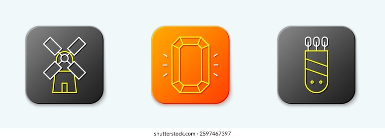 Set line Windmill, Diamond and Quiver with arrows icon. Vector