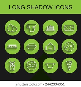 Set line Windmill, Donut with sweet glaze, Chicken egg, Cooking pot, Slice of pizza, Macaron cookie, Cookie or biscuit chocolate and Kitchen apron icon. Vector