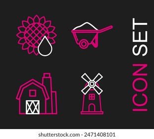 Set line Windmill, Farm House concept, Wheelbarrow with dirt and Sunflower icon. Vector