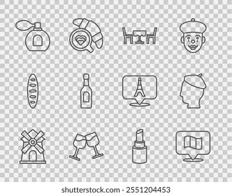 Set line molino de viento, bandera de Francia, café francés, copa de vino, perfume, botella de champán, lápiz labial y el icono del hombre. Vector