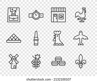 Línea Molino de viento, Fleur De Lys, Café, fruta de uva, Bolso de mano, Palo de labios, galleta de Macaron e icono de Plano. Vector