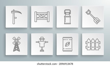 Set line Windmill, Garden fence wooden, Scarecrow, A pack full of seeds of specific plant, Can container for milk, rake and Scythe icon. Vector