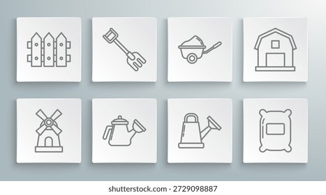 Línea de juego Molino de viento, rastrillo de jardín, regadera, bolsa de harina, carretilla con tierra, concepto de casa de campo y valla icono de madera. Vector
